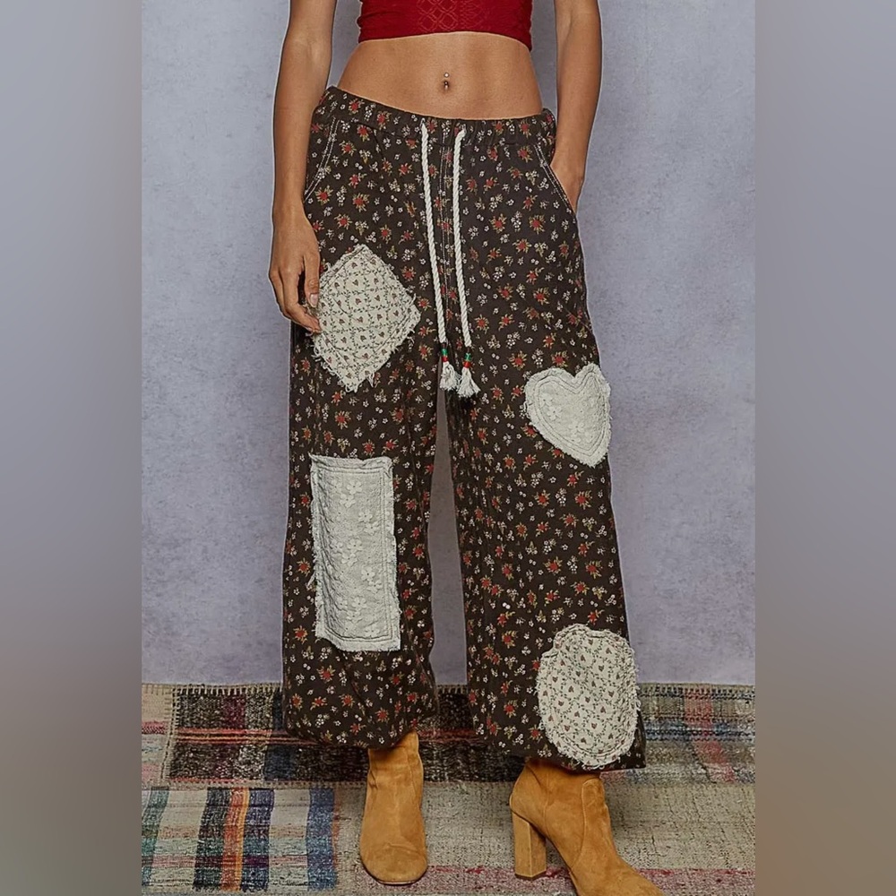 NEW 48 hr sale: French Terry FloralPatchwork Wide-Leg
jogger pant